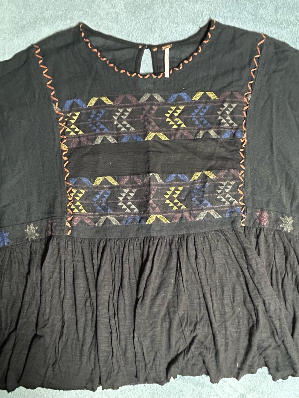 Free People Black Boho Embroidered Peasant Top